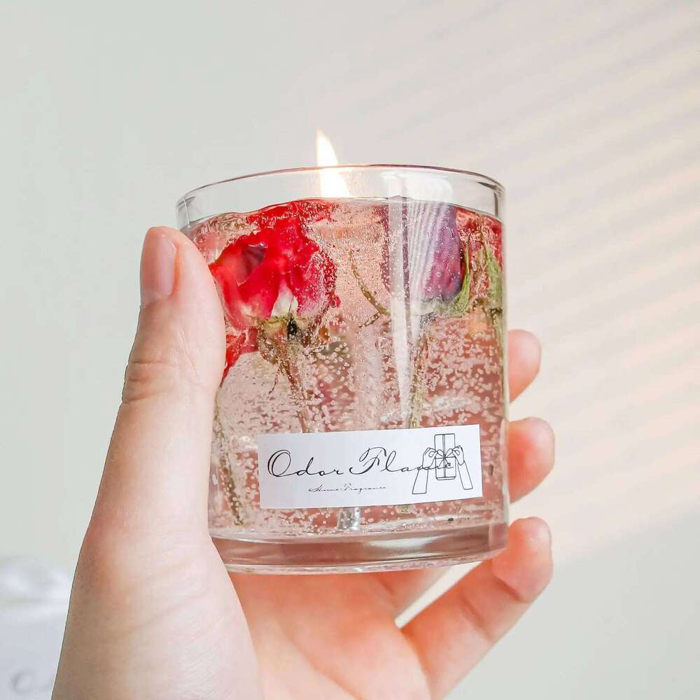 7x8.5cm Real Flower Jelly Scented Candle, Transparent Glass Cup Ornament, Creative Fragrance Jar Wax Souvenir Gift S260205