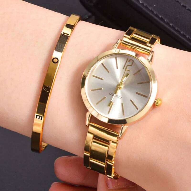 2pcs Set Watch Luxury Women Simple Dial Hollow Strap Fashion Gold Bracelet Quartz Wristwatch Student Ladies Watches Reloj Mujer Z260206