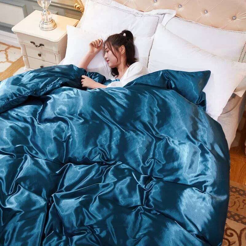 Solid Color Bedding Set with Silk Duvet Cover Bed Sheet Pillowcase Luxury Satin Bedsheet King Queen Double Twin Size XJ260206
