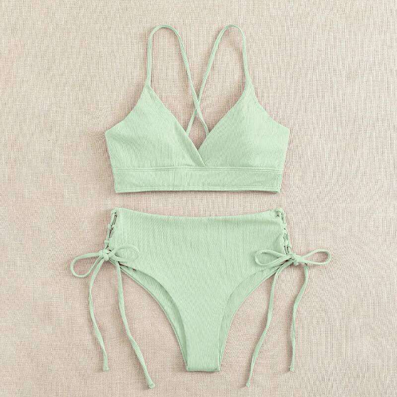 Cikini-V-Neck Split Bikini Set for Women, Sexy Swimsuit, Lace Up, Triangular Bikinis, Solid Color, Beach Swimwear, Bathing Suit Z260206