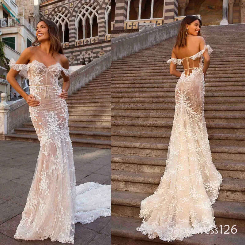 New Berta Mermaid Dresses Off Shoulder Short Sleeve Bridal Gowns Sexy See Through Plus Size Sweep Train Wedding Dress