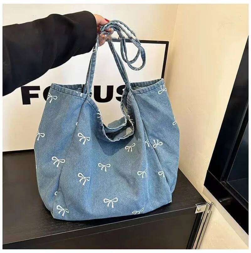 Cowboy Canvas Bag Ladies' Bow Versatile Tote Bags Large Capacity Casual Shoulder Handbag Travel Shopping Vacation Free Shiping Y260205