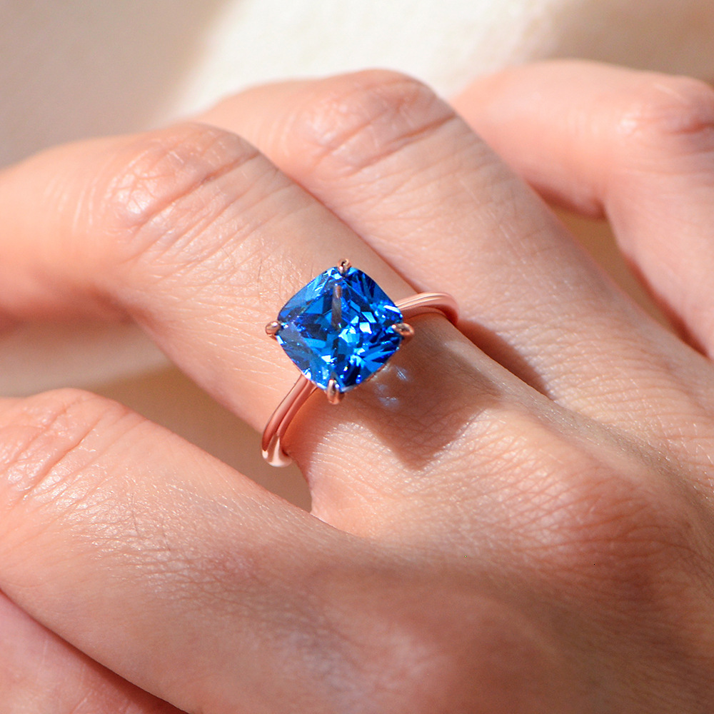Blue pillow-shaped 10*10 zircon sterling silver rose gold plated for women, luxury colored gemstone quality ring jewelry