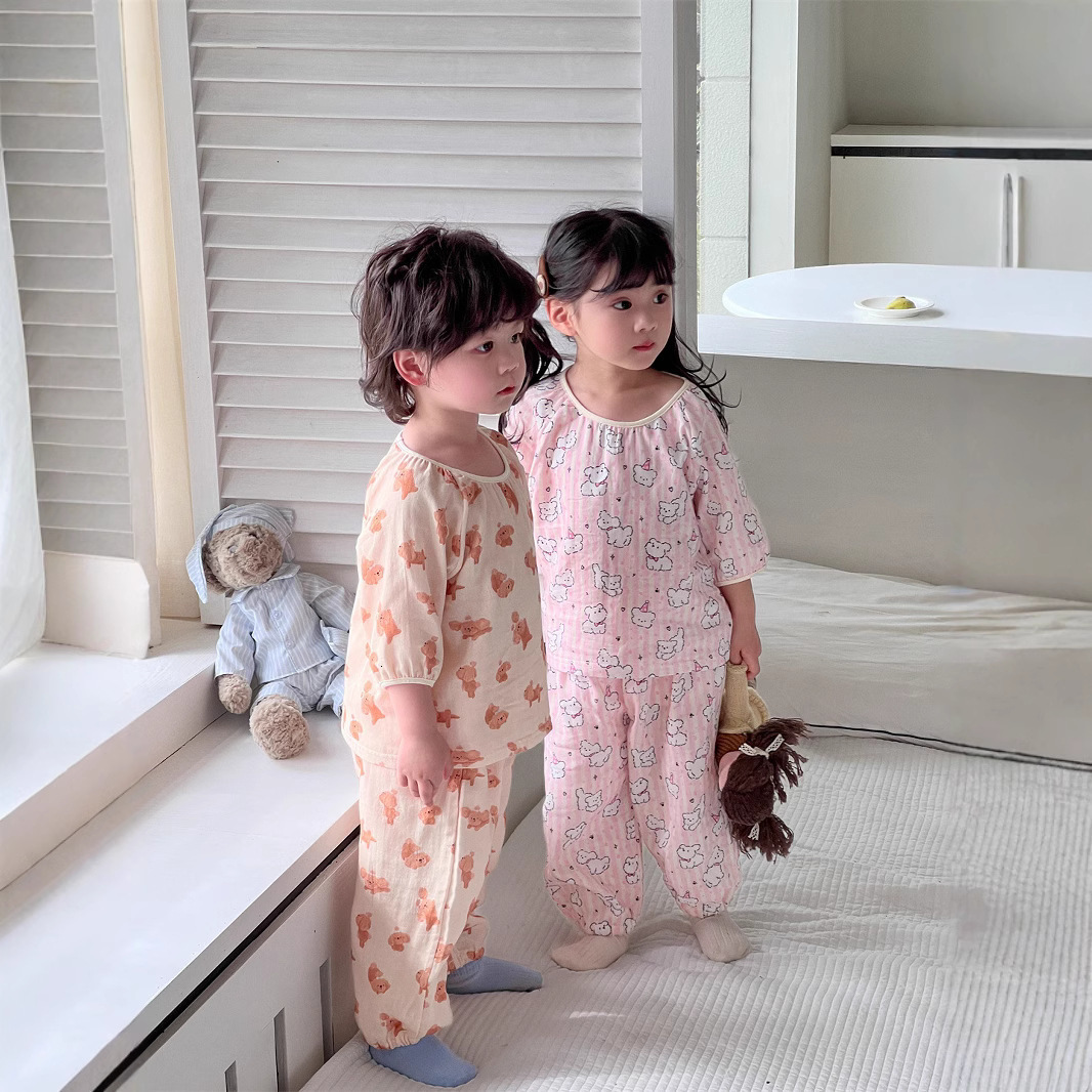 Pajamas Spring Children Cotton double gauze soft pajama sets Boys Girls cartoon long sleeve Tops and pants Homewear 230503
