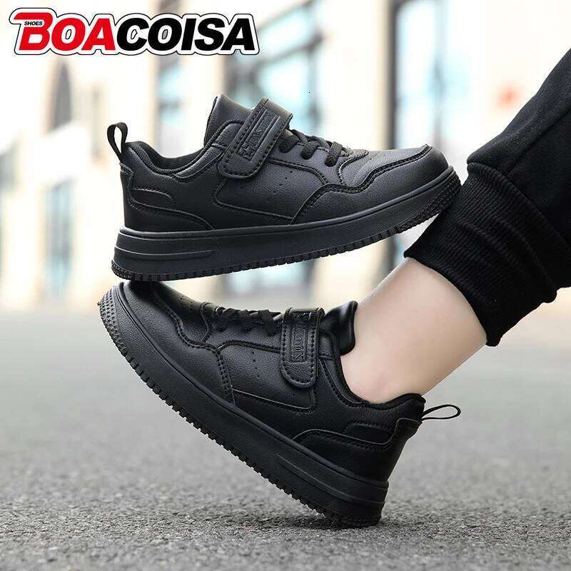 Black Kids Shoes Sports Running Casual Walking Student Fashion Leather Children's Boys Girls Sneakers Breathable Soft Outdoor 26Y0206