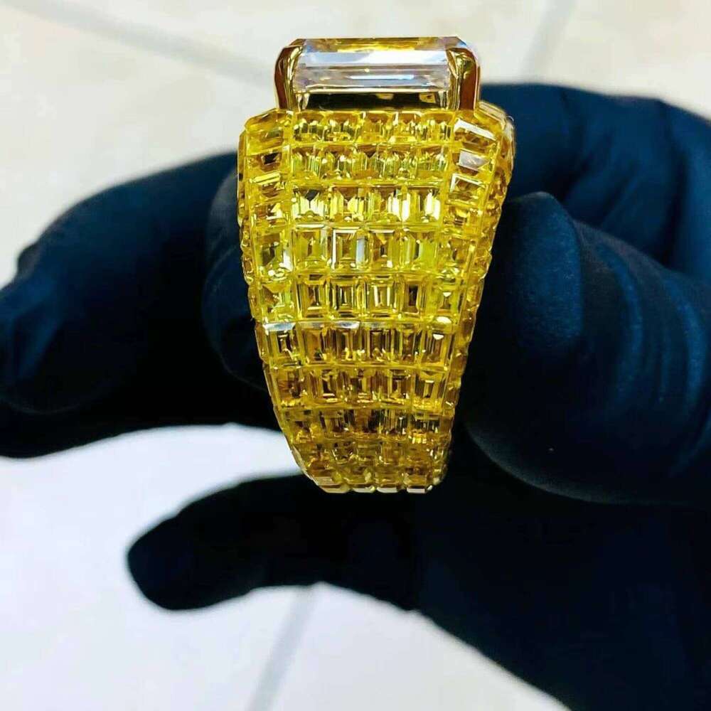 Custom Jewelz Men's Sterling Silver Gold Plated 12G Iced Out Emerald Cut Moissanite Hip Hop Ring With Prong Setting