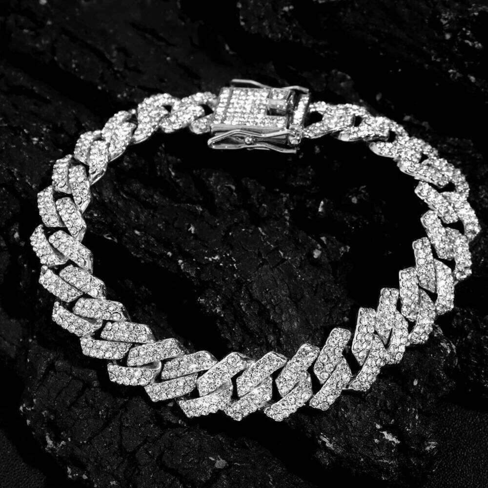 14MM Bling Link Chain Bracelets for Women Men Iced Out 2 Row Rhinestone Rhombus Prong Cuban Bracelet Wristband Jewelry 26H0206