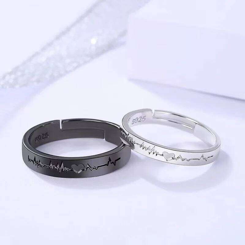 Black and White Electrocardiogram Couple Matching Student Friendship Rings, Simple Ins-Style Versatile Valentine's Day Gift, High-End W260206