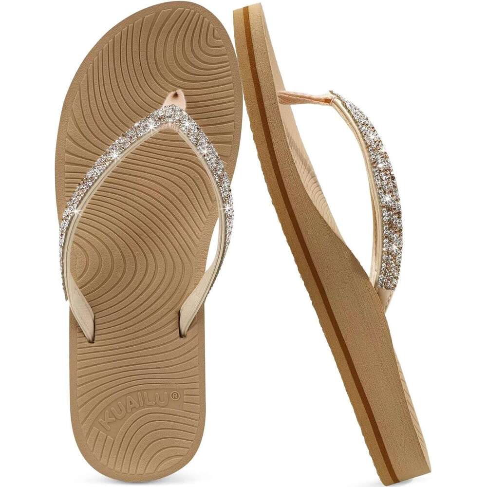 Women's Rhinestone Flip Flops With Comfort Arch Support Yoga Mat Cushion Sandals Fashion Summer Beach Travel Orthotic Walking Thong Sandles Slip 