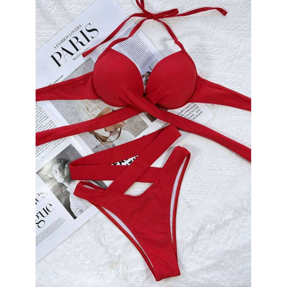 Sexy Red Black Bikinis Set 2025 Women Criss Cross Bandage Swimwear Biquini Summer Push Up Beach Hollow Out High Waist Swimsuit Z260206