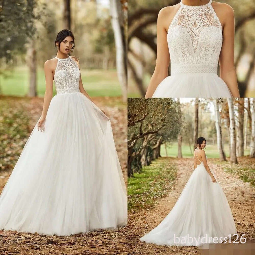 Backless Dresses Halter Lace Sweep Train Tulle A Line Criss Cross Straps Custom Made Country Wedding Gown Vestido De Novia