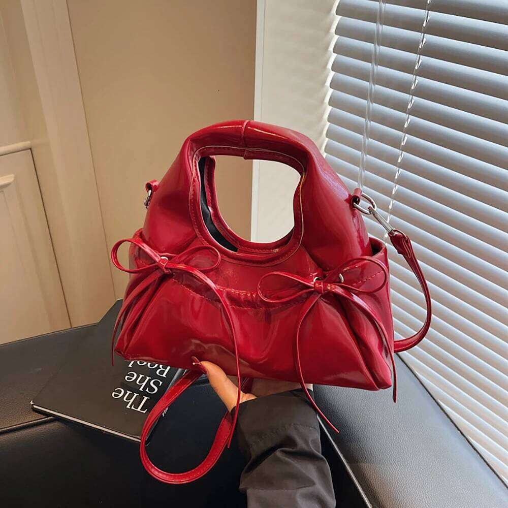 Women Summer Glossy PU Bow Handbags High Grade Buckle Solid Color One Shoulder Bag Daily All-Match Commute Crossbody Bags Y260205
