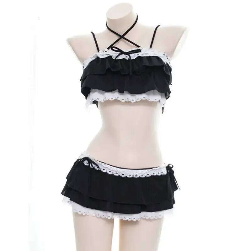 Cute Girls Lolita Ruffle Bikini Sukumizu Cosplay Pink And Black Color Swimsuit Hollowed Multilayer Hem Biquini Women Swimwear Z260206