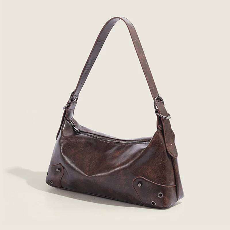 Women Metal Stud Handbag PU Vintage Casual Handbags Large Capacity Soft Leather Armpit Ladies Work Shoulder Bag Y260205