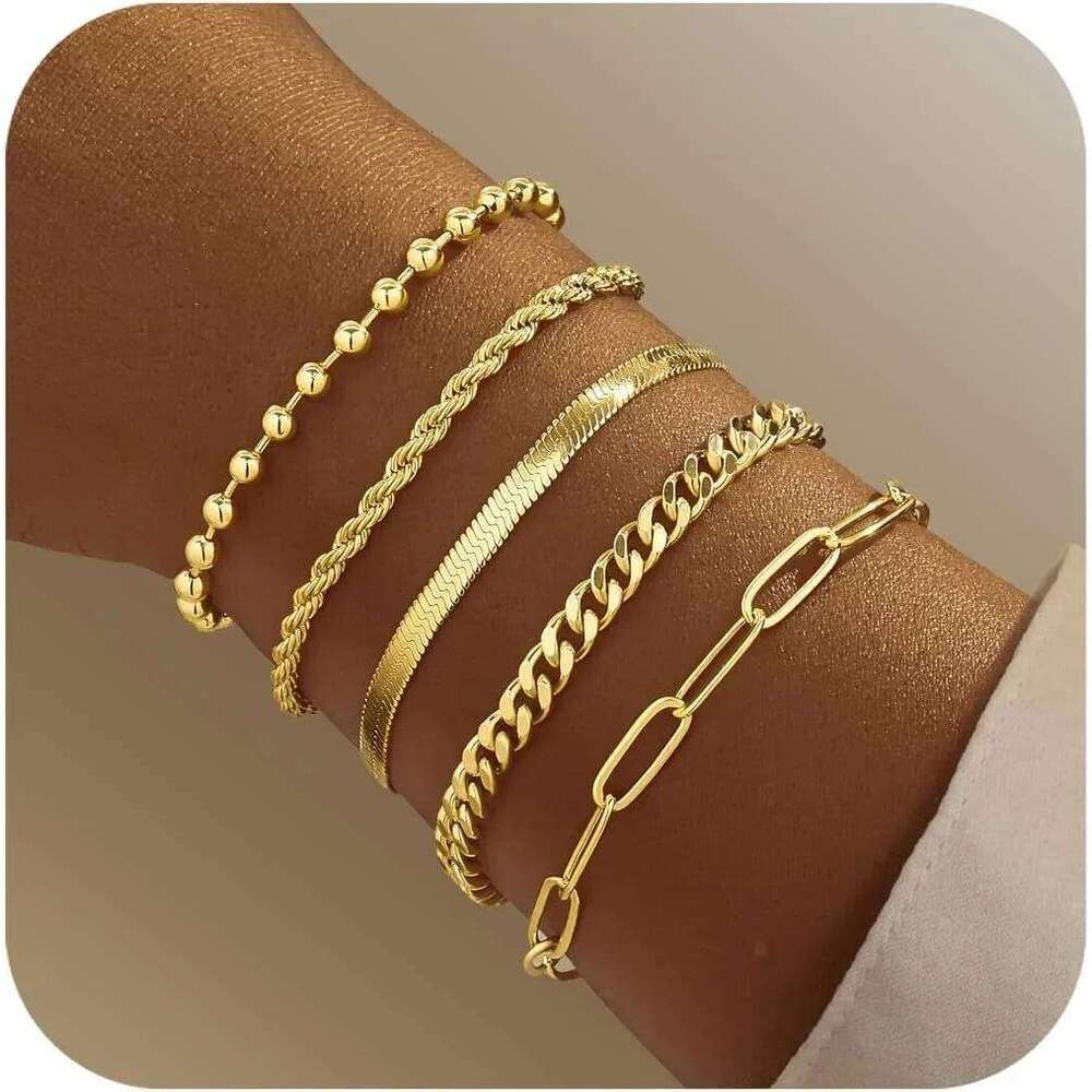Set Gold Bracelets Stack With Beaded, Cuban, Paperclip, Snake, Rope Gifts for Women 26H0206
