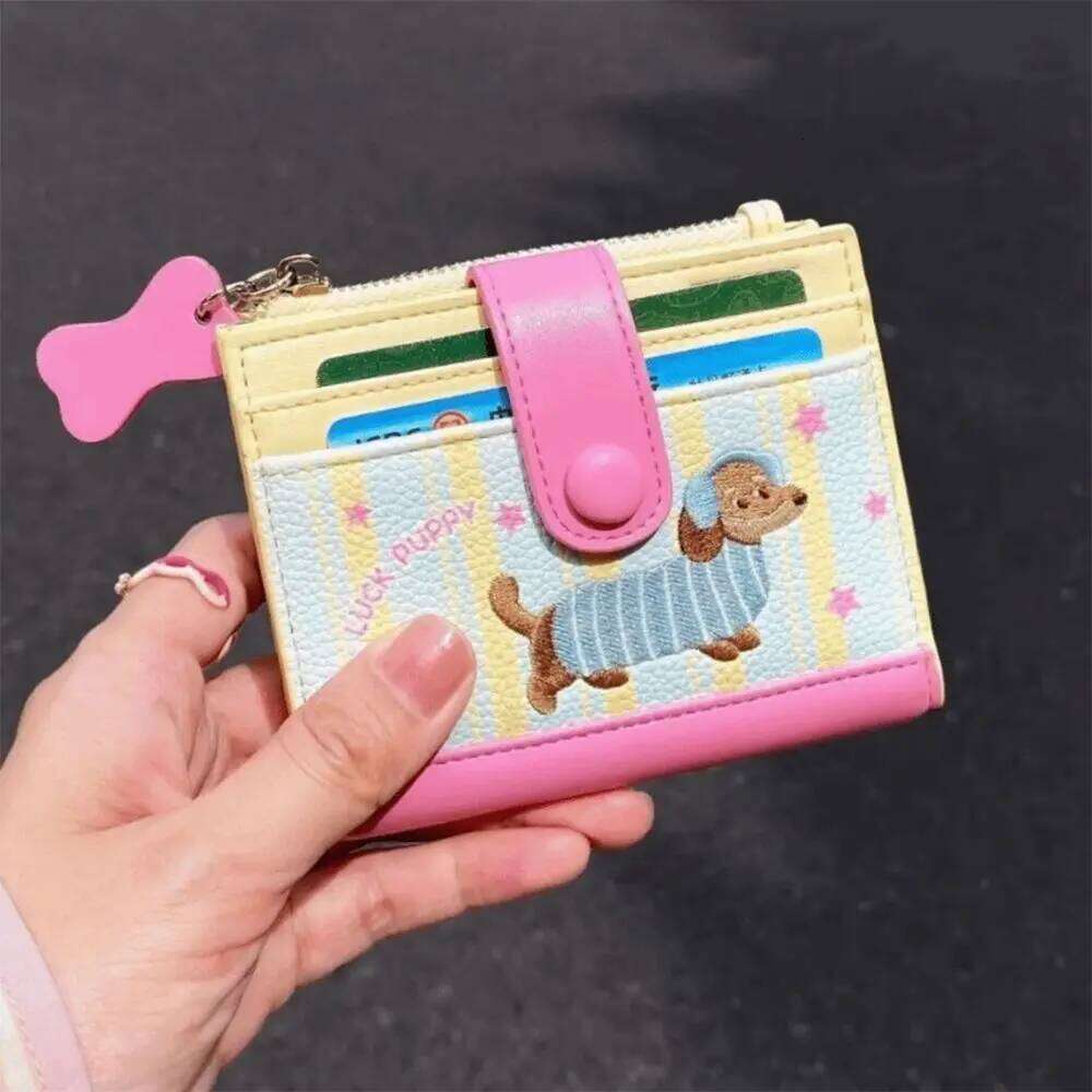 Elegant Dopamine Color Dachshund Embroidery Coin Purse Pouch Zipper Cartoon Pu Wallet Ins Card Small Item Bag Travel Y260206
