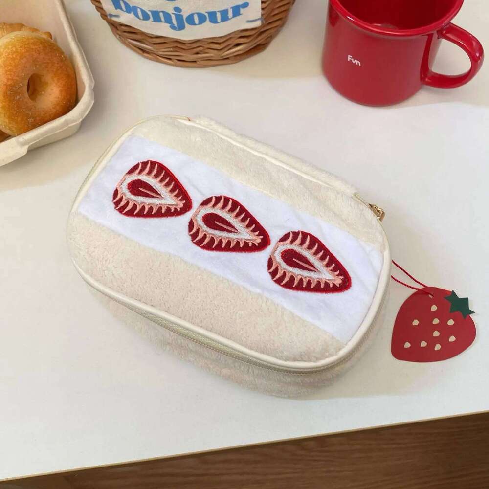 Strawberry Sandwich Makeup Bag Portable Large Capacity Women Multifunctional Plush Toiletry Cosmetics Case Y260206