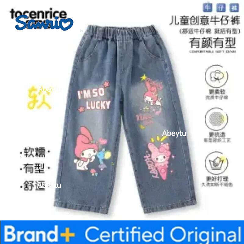 Sanrio Hello Kitty Cinnamoroll Kuromi My melody Kawaii girls soft denim spring and autumn new pants children's clothing H260206