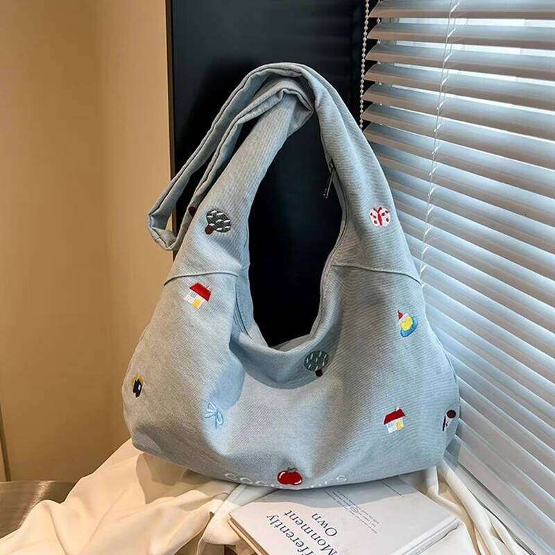 Korean Embroidered Denim Tote Womens New Style Large Capacity Commuter Shoulder Crossbody Bag For Fashion Gift Y260205