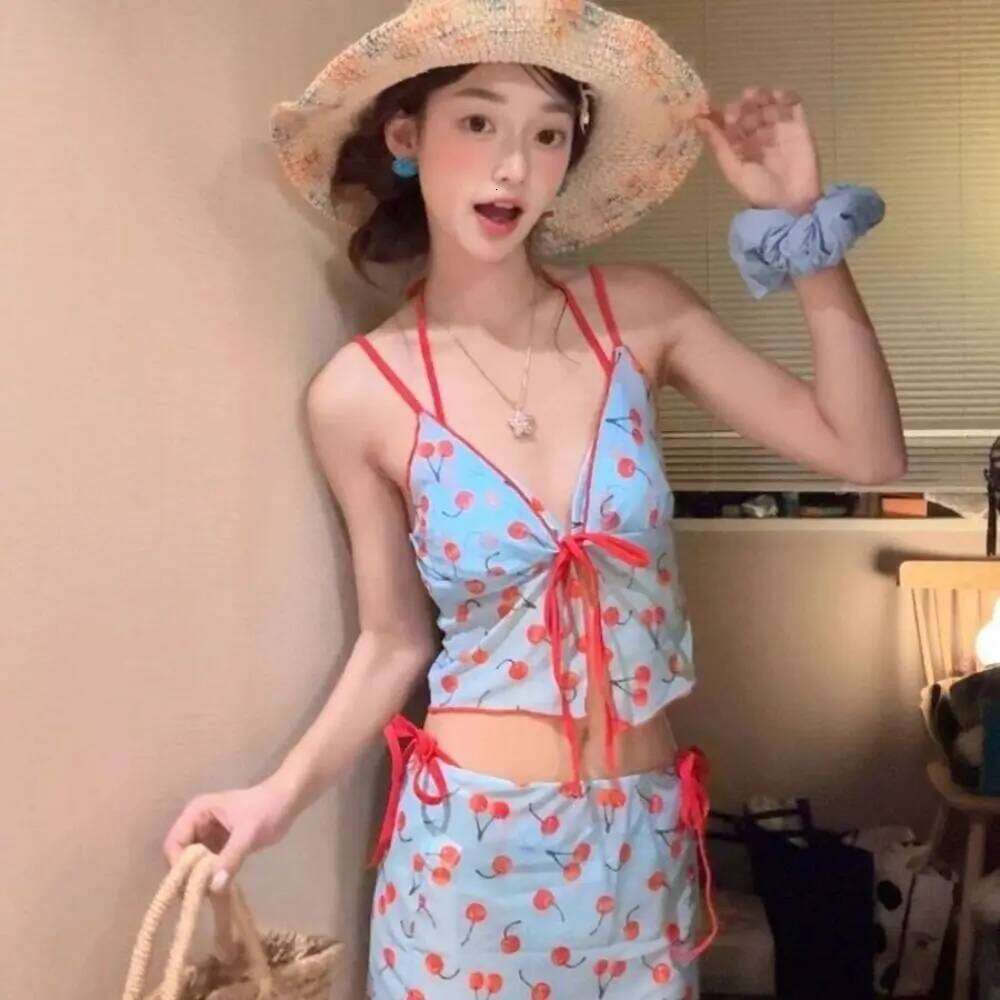 Desire Pure Color Cherry Bikini Set Push Mesh Lace Up Sexy Swimwear Print Pattern Wrap Skirt Bathing Suit Korean Style Z260206