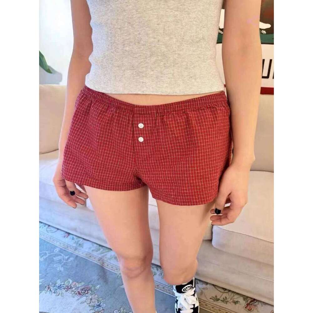 Red Plaid Straigth Shorts Women Summer Elastic Waist Buttons Casual Sweet Short Pant Cotton Y2k Pants Vintage Home Underwear XJ260206