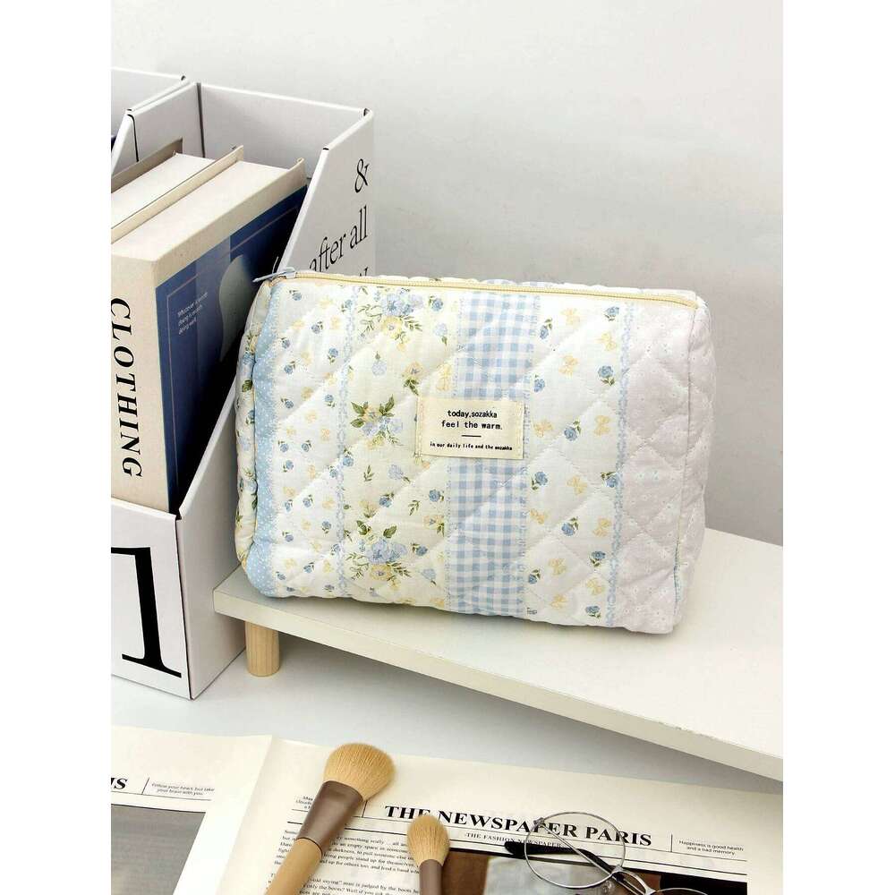 1pc/set blue patchwork quilted floral portable bag, multifunctional large capacity makeup bag Y260206