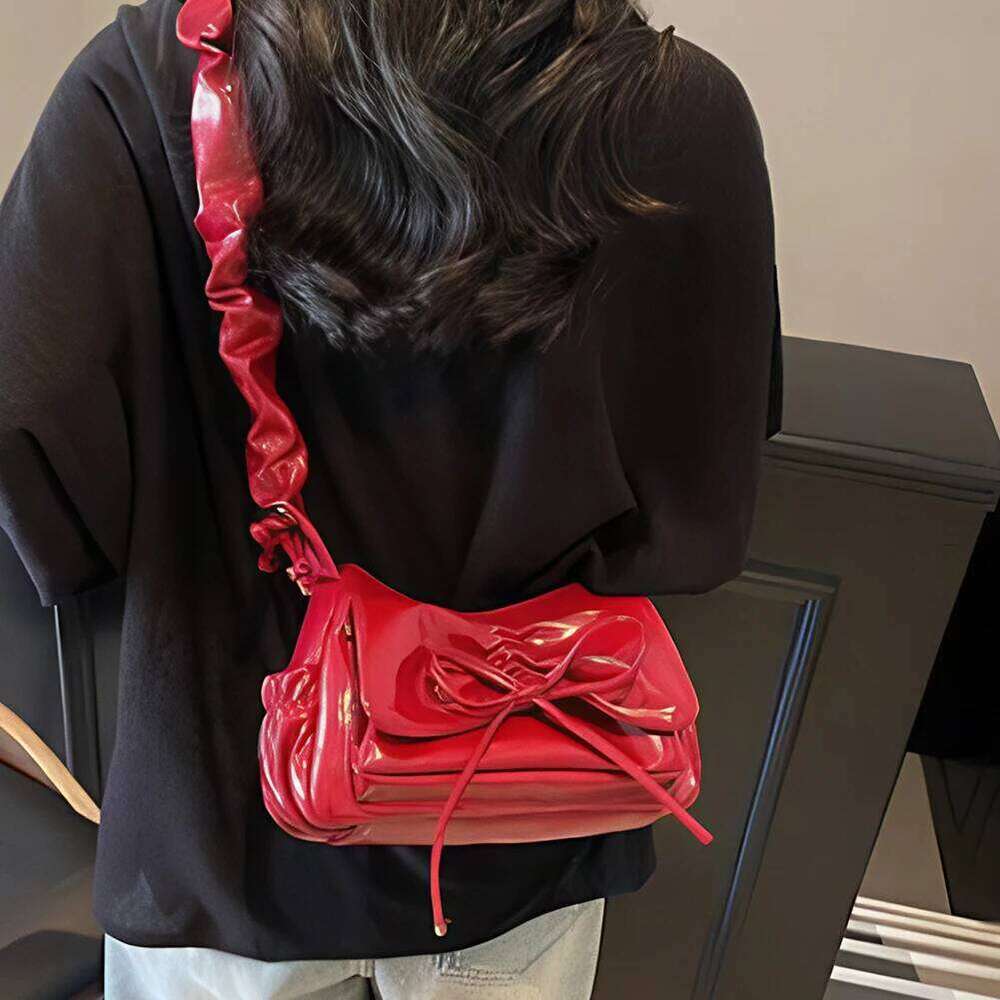 Elegant Bowknot Small Square PU Leather Shoulder Satchel Pleated Hand Underarm Bag for Women Y260205