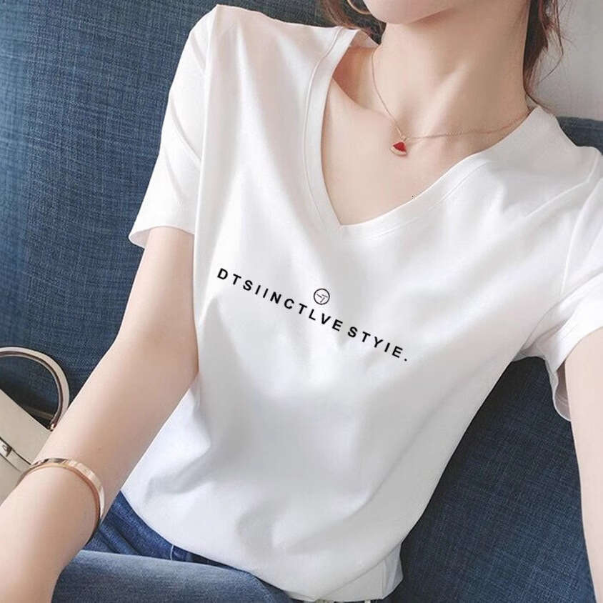 Summer V-Neck Regular Shoulder Pure Cotton Short Sleeve T-Shirt For Women Korean Fashion Versatile Age-Reducing Slimming White Top Base Shirt Trendy