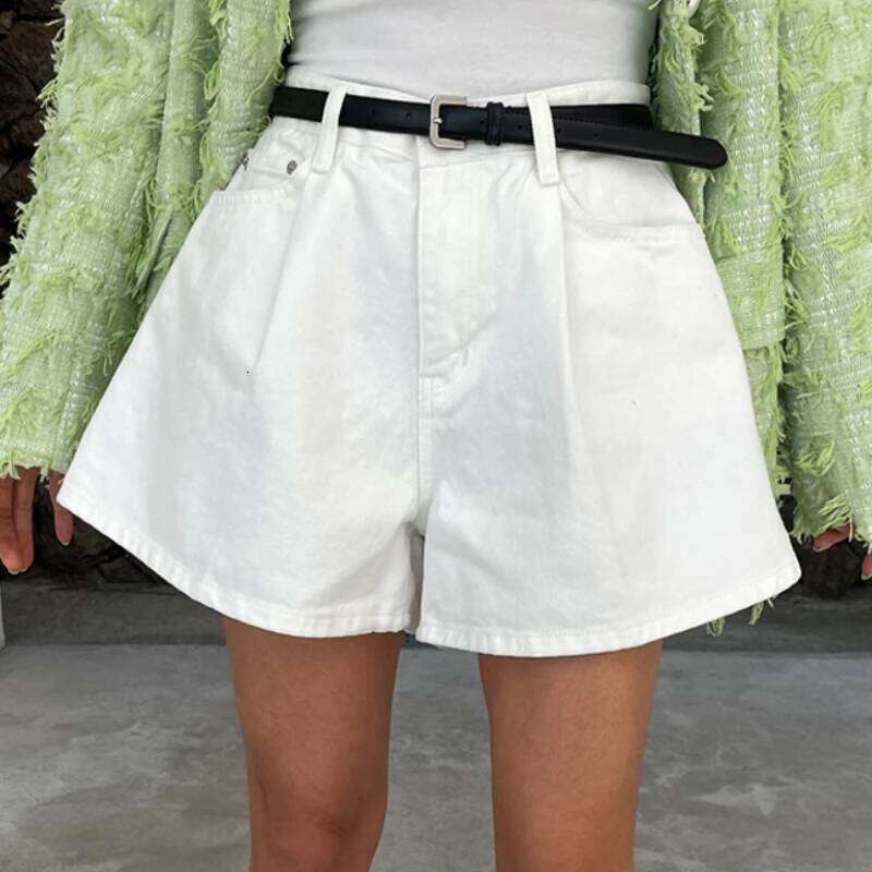 REALEFT Summer Washed High Waist Women's A-line Denim Pocket White 2025 New Casual Loose Wide Leg Jeans Shorts Female XJ260206