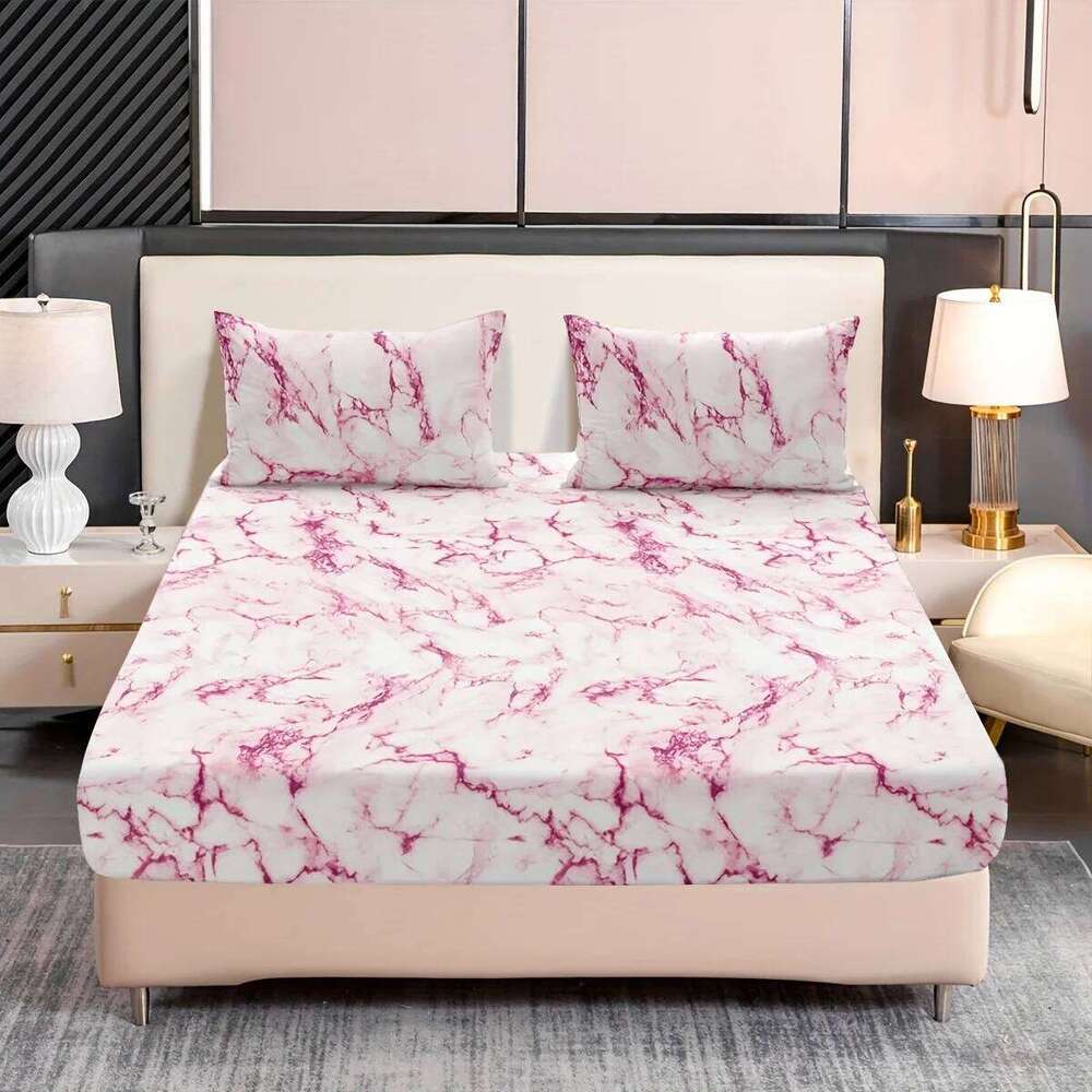 3-Piece Marble Print Fitted Sheet Set Ultra Soft, Breathable Microfiber Fabric, Hypoallergenic, Wrinkle-Resistant, Easy Care - XJ260206