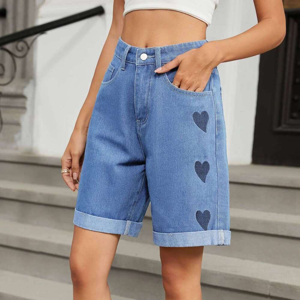 Jeans Short Pants Women Print Shorts Mid Waist Distressed Washed Pockets Knee Length Denims Streetwear Straight Trousers C260206