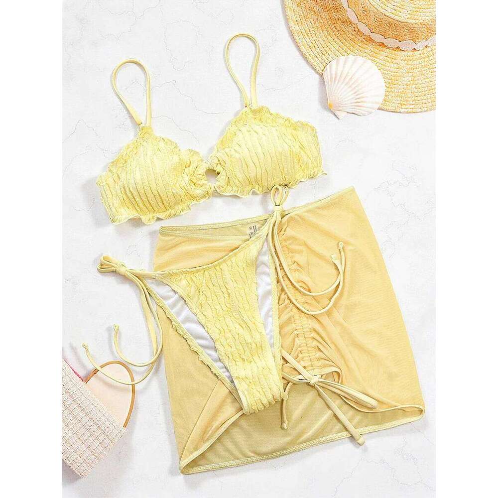 With Mesh Skirt Wrinkled Halter Ruffled Women Swimwear Female Swimsuit Three-piece Bikini Set Bathing Suit Swim Beachwear XJ260206