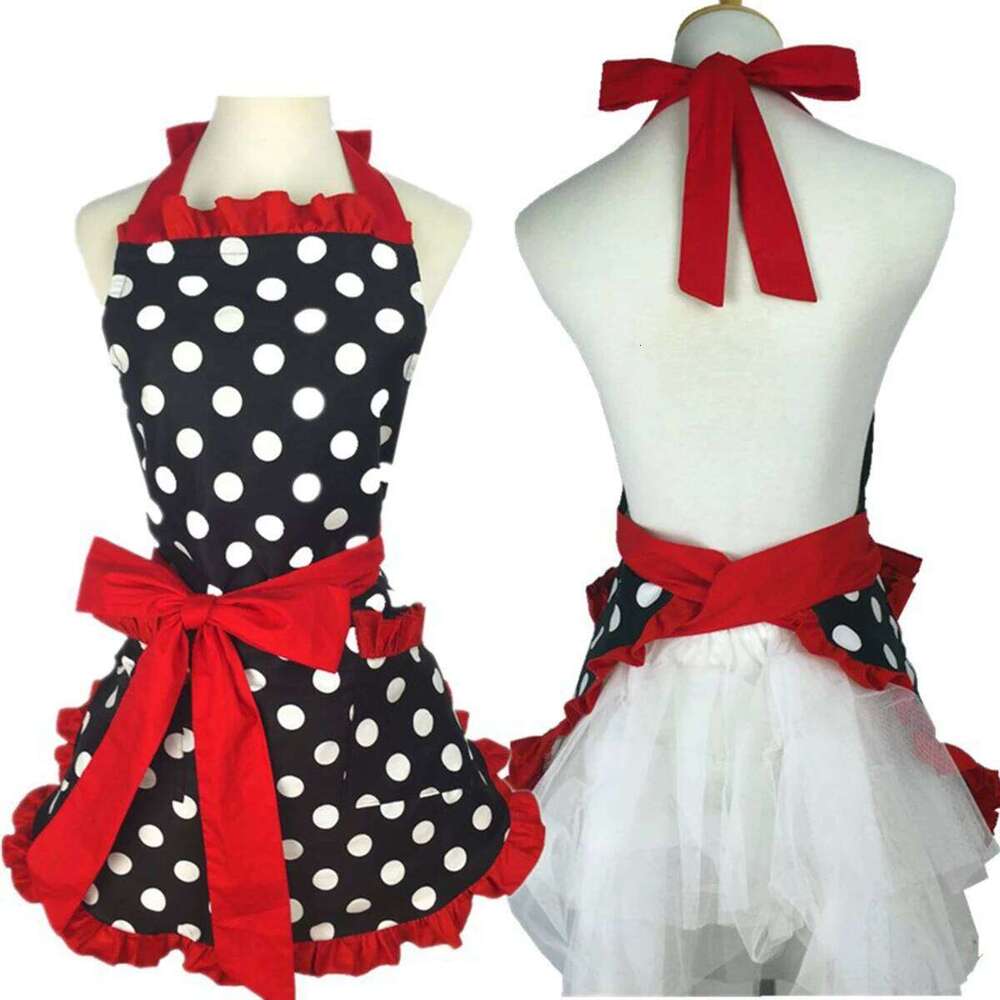 Cute Apron with Pockets Retro Red Polka Dot Xmas Sleeveless Ruffle Cooking Adjustable Kitchen Aprons for Women Girls S260205