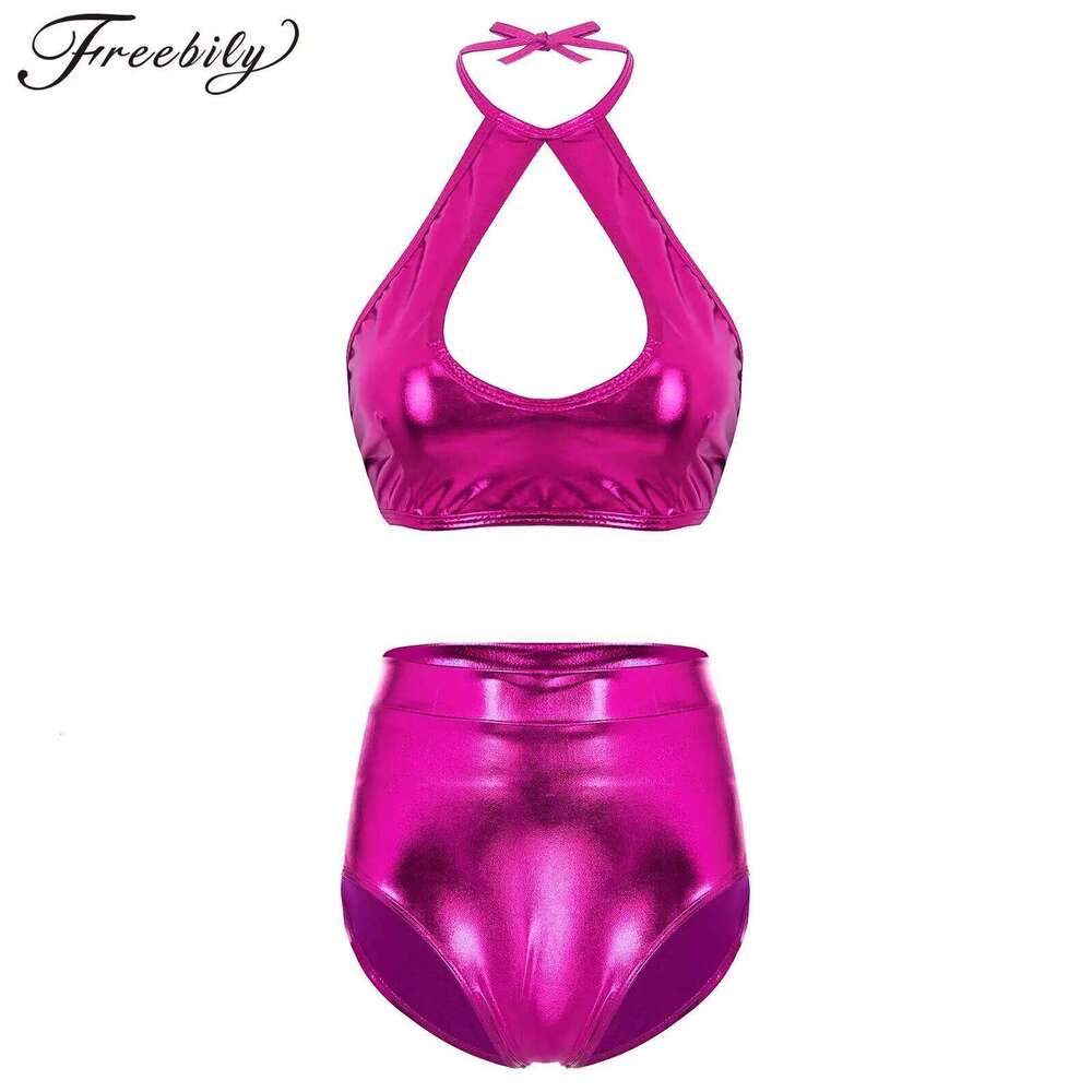 Women Metallics Shiny Bikini Set Sleeveless Halter Neck Crop Top with Shorts for Beach Pool Nightclub Party Music Festival Raves Z260206