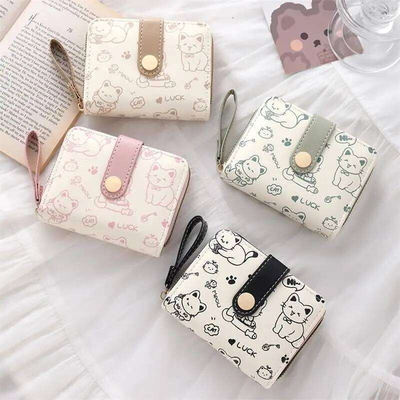 Cute Cat PU Leather Purse Women Fashion Short Folding Zipper Wallet ID Card Holder Travel Lightweight Cash Coin Bags Y260206