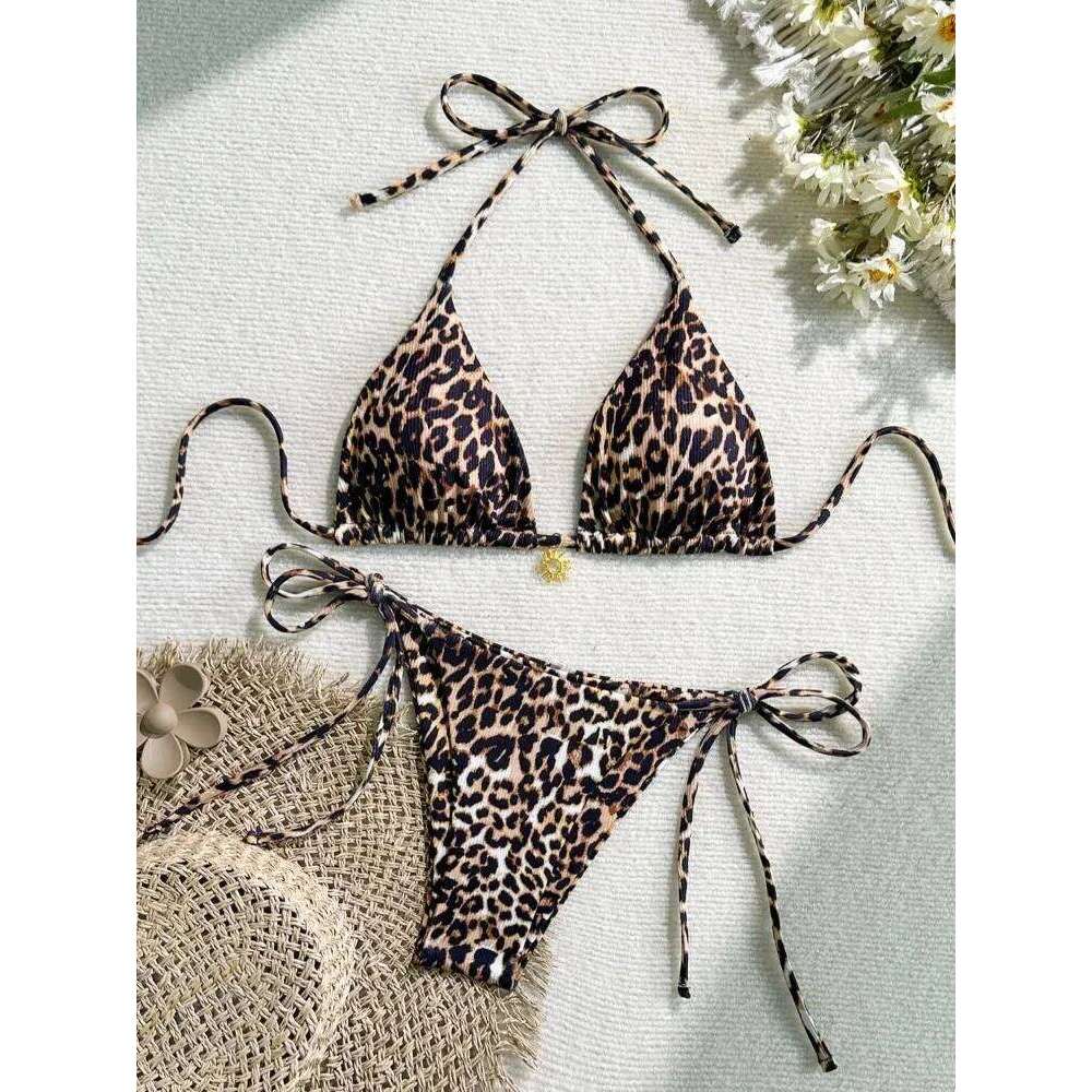 Summer Sexy Leopard Print Bikini Set Women Halter Neck Swimwear High Cut Triangle Top Hot Beachwear Trendy Bathing Suit New Z260206