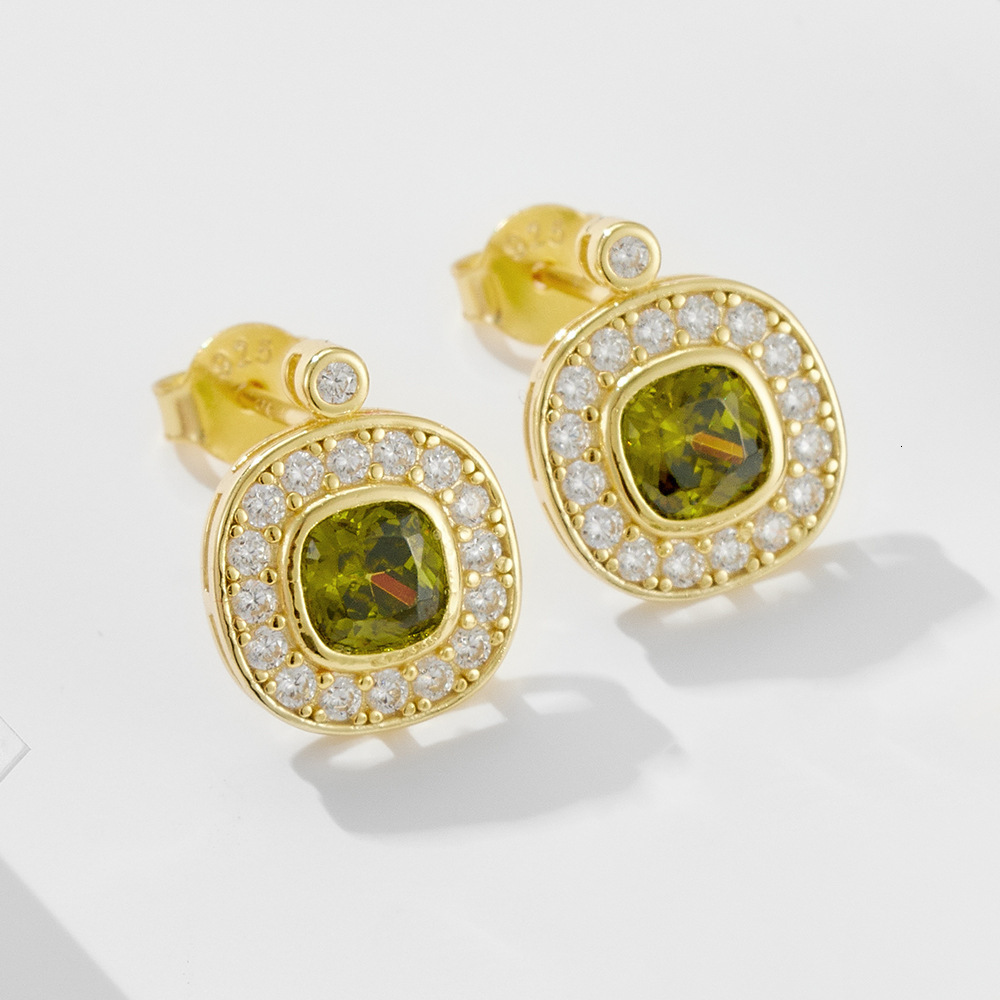 S925 Sterling Silver Vintage Palace Style Olive Green Zircon for Women Simple Geometric Oval Inlaid Diamond Earrings