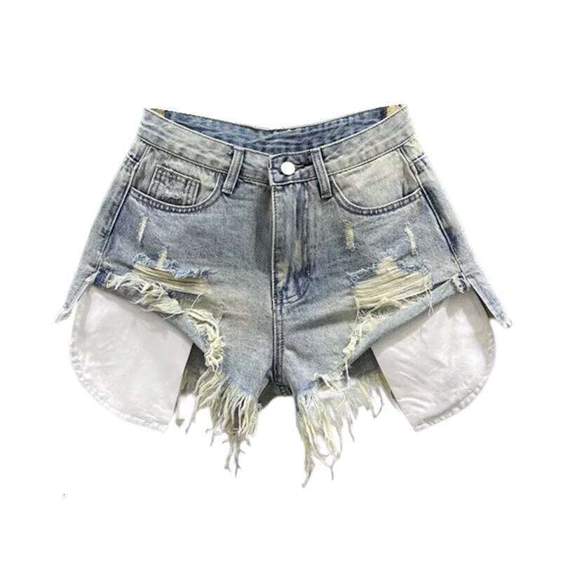 Korean Vintage Blue Sexy Ripped Jeans for Women Patchwork A-line High-waisted Denim Ultra Shorts C260206