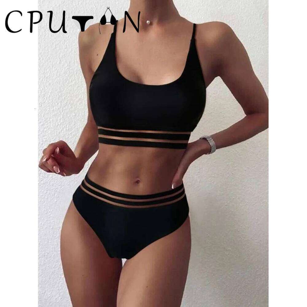 2025 Sexy Black Bikini Set Two Piece High Waist Mesh Brazilian Biquini Swimwear Bathing Suit Push Up Ladies Summer Beachwear XJ260206