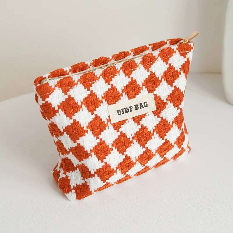DJDF Orange Plaid Women's Cosmetic Small Double Canvas Portable Zipper Lipstick Storage Bag Commuter Coin Purse Card Holder Y260206