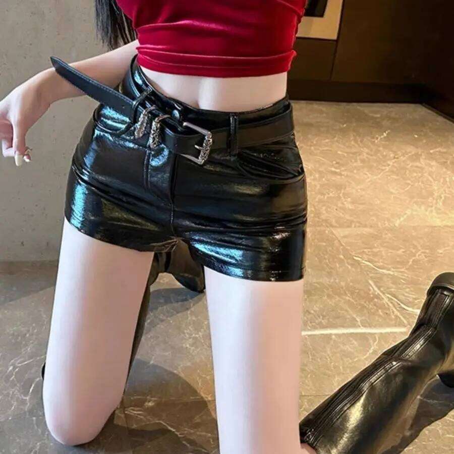 American Style Hottie Black Skin Casual Women Spring Bright Surface High Waist Tight Fitting Hip Sashes Comfortable Shorts XJ260206