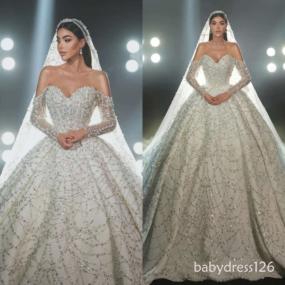 Crystal ball gown Wedding Dress bridal long sleeves beaded wedding dresses sweep train backless Dubai r Bridal gowns plus size
