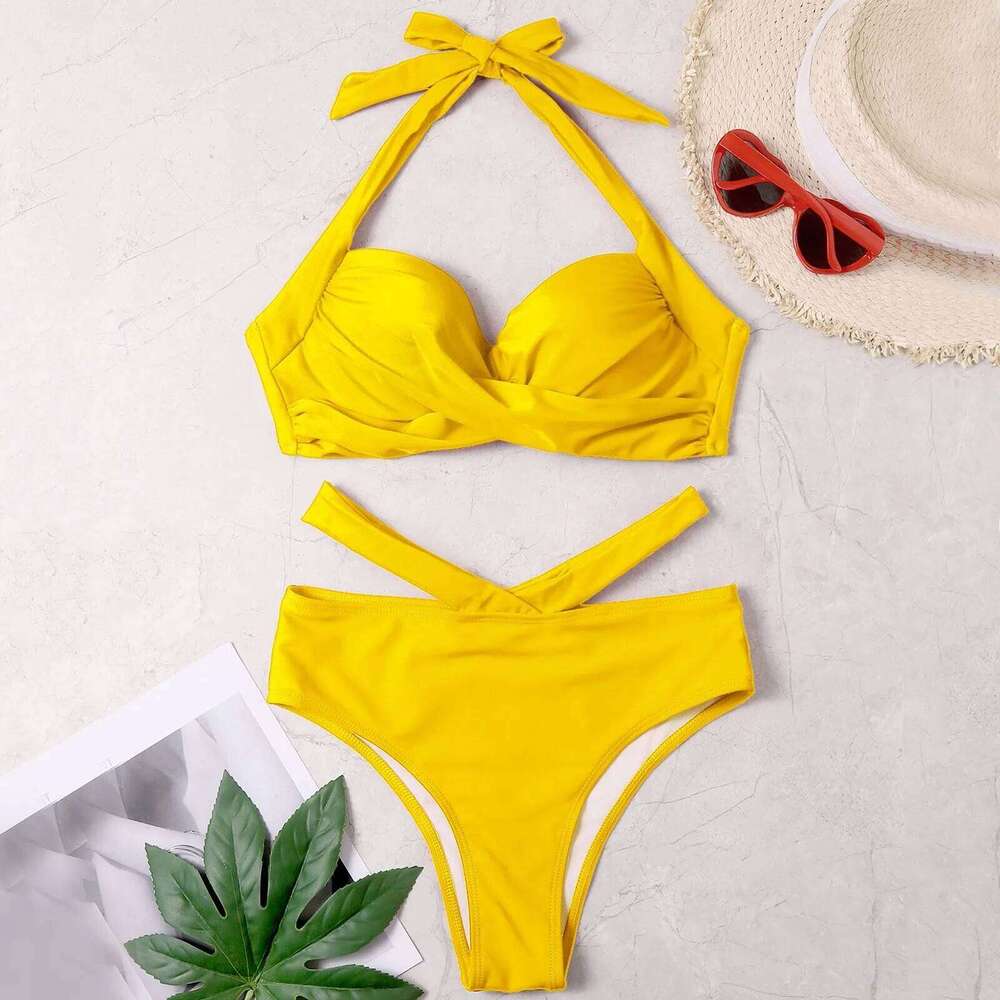 Women Solid Halter Tube Top Cross Ruched Wrap Chest Crop Tops High Waist Hollow Bikini Set Two Pieces Swimsuit Swimwear Z260206