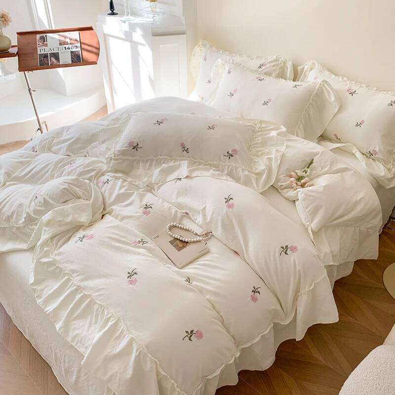 3pcs Rose Embroidered Duvet 1*Duvet Cover + 2*Pillowcase, Without Core, Princess Style Lace Bedding Set XJ260206