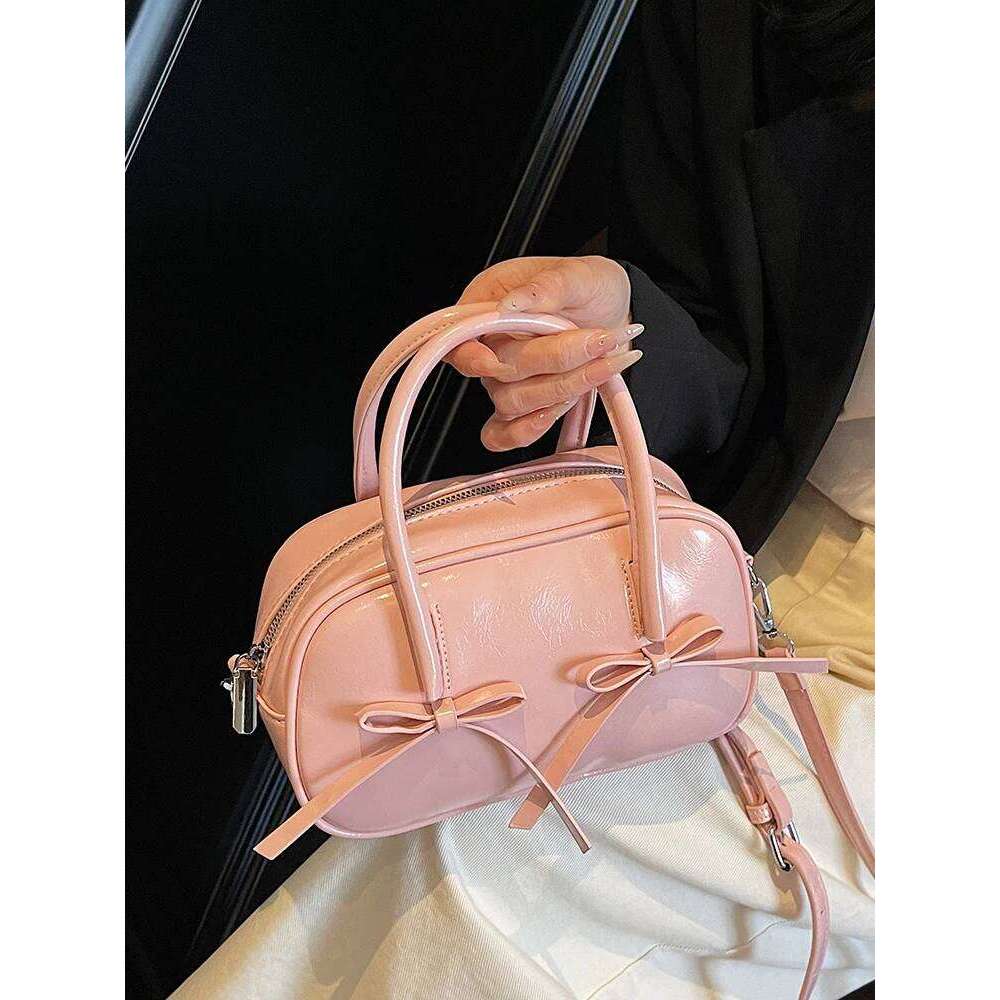 Sweet Bow Zipper Pink Handbag Women Summer New Korean Solid Oil Leather Commute Bowling Bags Fashion Versatile Crossbody Bag Y260205