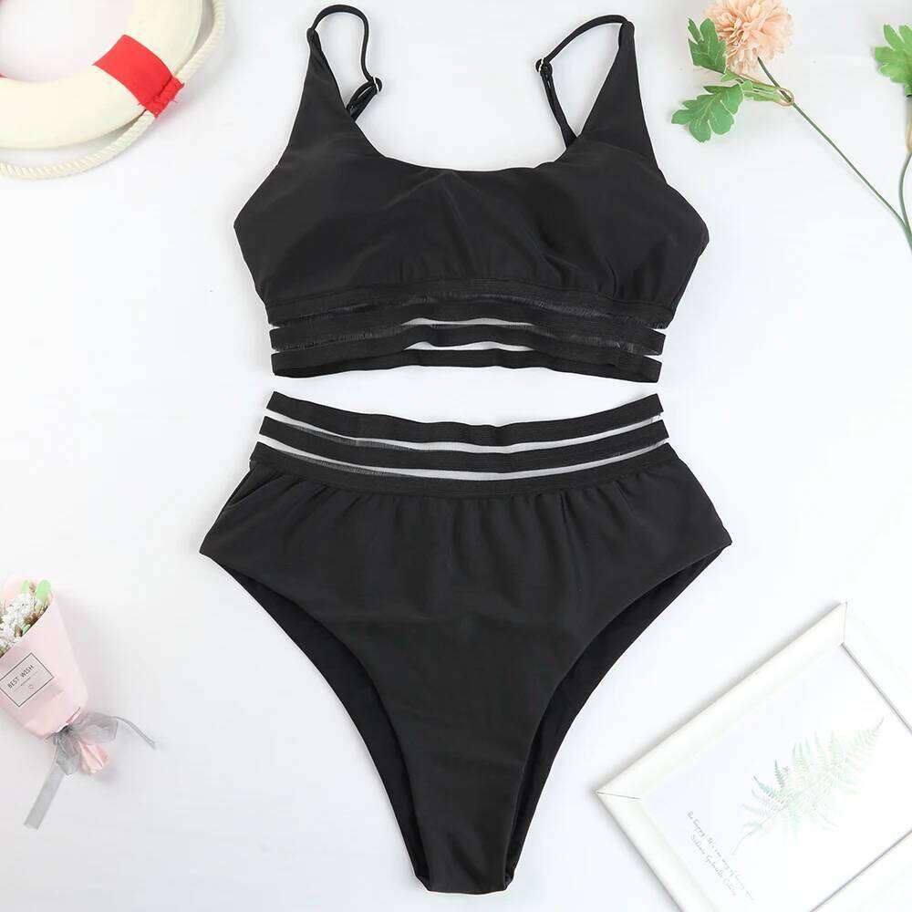 2025 Sexy Black Bikini Set Two Piece High Waist Mesh Brazilian Biquini Swimwear Bathing Suit Push Up Ladies Summer Beachwear XJ260206