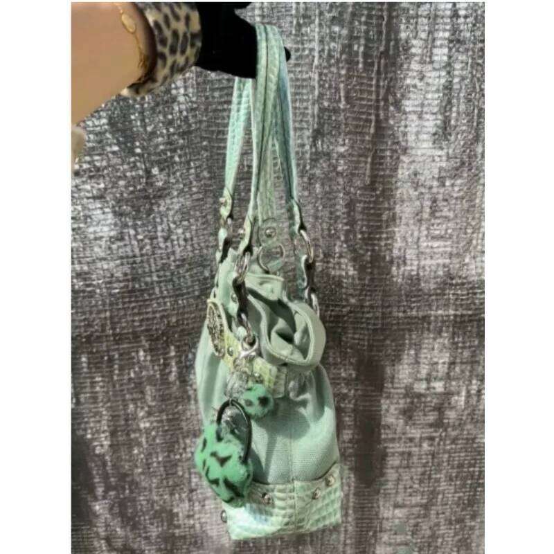 Belt Design Streetwear Green Zipper Y2k Girl Shoulder Pleated Fashion Underarm Bags Rivet Gothic Women's Handbags Y260205