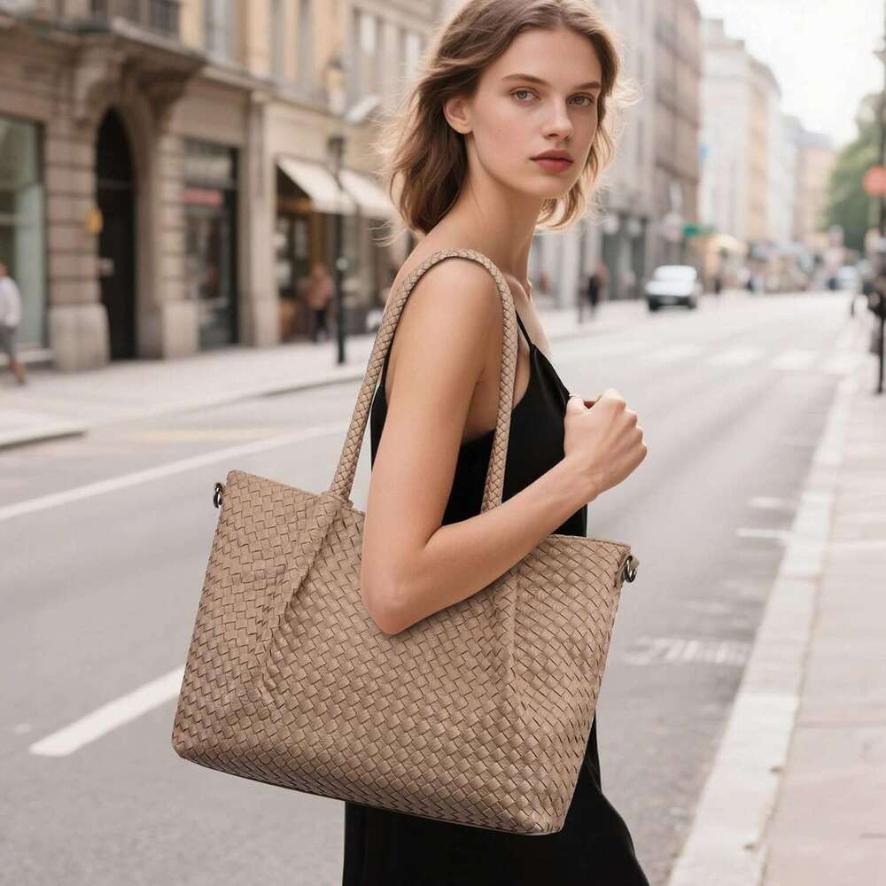 Woven Tote Bag Women Vegan Leather Shoulder Handbag For Travel Work Crossbody Purse