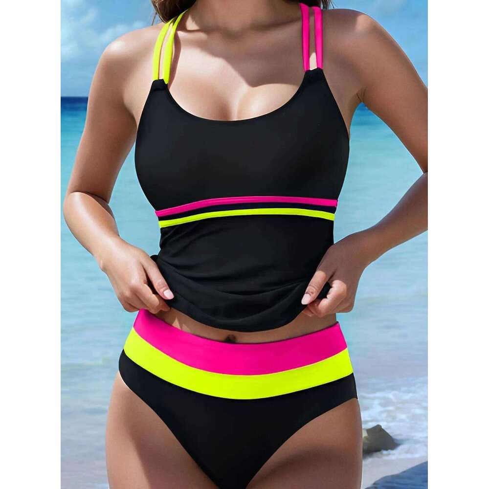 Women Sexy High Waist Bikini Set Triangle Top Tummy Control Bottom Backless Conservative Tankini Swimsuit Colorblock Two-Piece Z260206