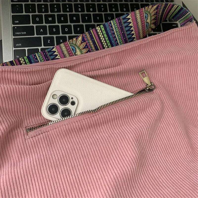 Women's bag, corduroy solid color handbag, retro wide shoulder strap zipper closure tote crossbody bag XJ260129